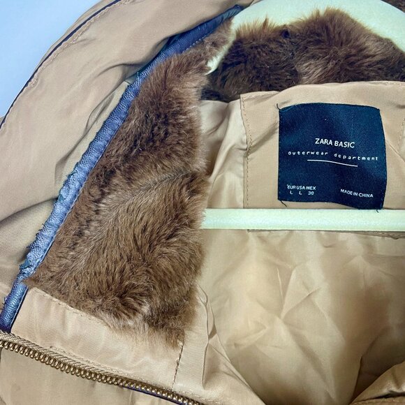 Zara Tan Quilted Puffer Jacket Faux Fur Hood Size L - Picture 4 of 9